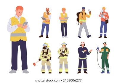 Diverse people worker isolated cartoon characters wearing safety reflector clothes and hardhat