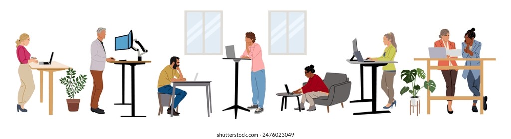 Diversas personas trabajando en el espacio de trabajo contemporáneo. Hombre de negocios, mujer en zona moderna con muebles ergonómicos, computadoras. Espacio abierto moderno de coworking. Ilustración vectorial aislada sobre fondo blanco.