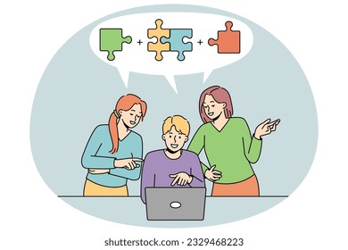 Diverse people working on computer together solving business problem. Team cooperate on laptop find solution brainstorm at meeting. Teamwork concept. Vector illustration.