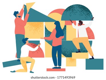 Diverse people working on puzzle of various geometric shapes. Teamwork concept. Flat vector illustration