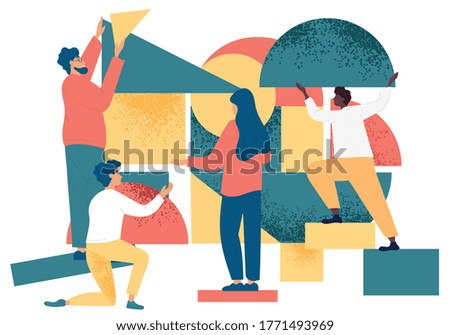 Diverse people working on puzzle of various geometric shapes. Teamwork concept. Flat vector illustration