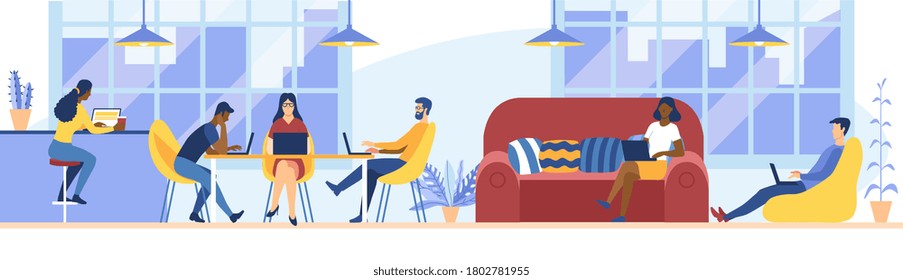 Diverse People Working, Relaxing, Drinking Coffee and Messaging with Gadgets in Coworking Area or Office. Teamwork Communication, Digital Technologies and Crowdsourcing People Flat Vector Illustration