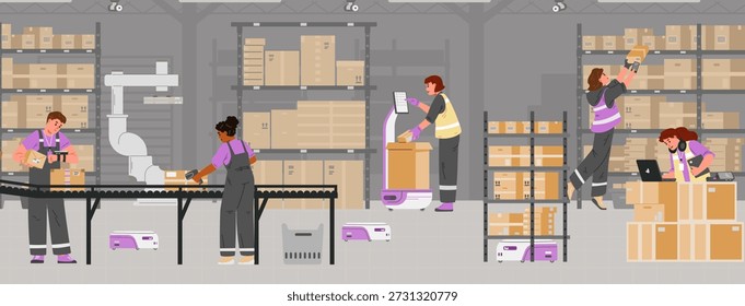 Personas diversas que trabajan en la Ilustración vectorial plana del almacén. Almacén con trabajadores, robots y equipos de almacén.