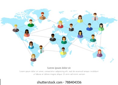 Diverse people and world map concept with dotted line as global connection symbol. Colorful flat design on white background.