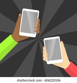 Diverse people's hands holding modern smart phones. Vector illustration.