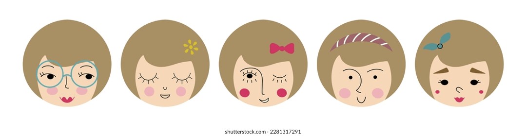 Diverse personages, beautiful girlish faces. Emoji faces, variety impressions, female face. Cute creative vector design
