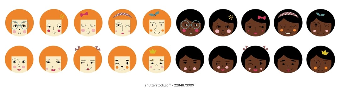 Diverse personages, beautiful girlish faces. Simple style, variety feelings, female look. Funny girl visage
