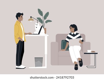 Diverse and personalized work setups at home and in the office, one young freelancer works with their desk intentionally adjusted to a standing position, while another comfortably sits in an armchair