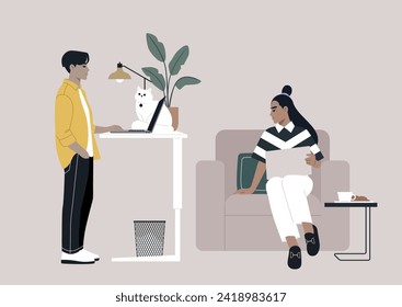 Diverse and personalized work setups at home and in the office, one young freelancer works with their desk intentionally adjusted to a standing position, while another comfortably sits in an armchair