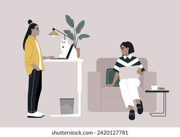 Diverse and personalized work setups at home and in the office, one young freelancer works with their desk intentionally adjusted to a standing position, while another comfortably sits in an armchair