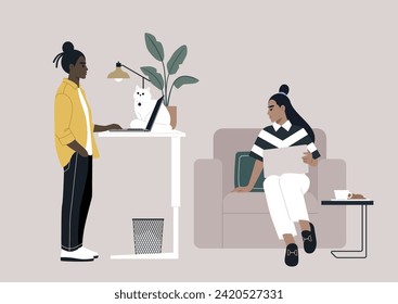 Diverse and personalized work setups at home and in the office, one young freelancer works with their desk intentionally adjusted to a standing position, while another comfortably sits in an armchair