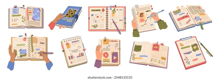 Diverse persons writing in planners and organizers schedule and ideas. Vector personages making notes in album to collect memories of trip or journey. Diary with photos and pictures with dried plants