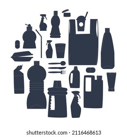 Diverse plastic bottles, packages, disposable tableware on a white background. Concept of plastic pollution problem. Silhouette illustration. Flat vector.