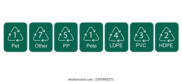 Diverse Plastic Icon Set - PET, PP, PEETE, LDPE, PVC, HDPE, and More - Vector Illustrations