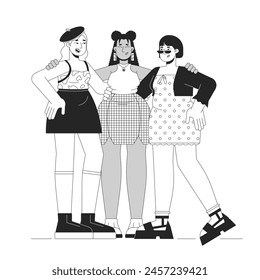 Diversas mujeres de talla grande en ropa elegante en blanco y negro 2D línea de personajes de dibujos animados. Amigas con curvas aisladas de Vector delinean a la gente. Ilustración de punto plano monocromático de la moda positiva del cuerpo