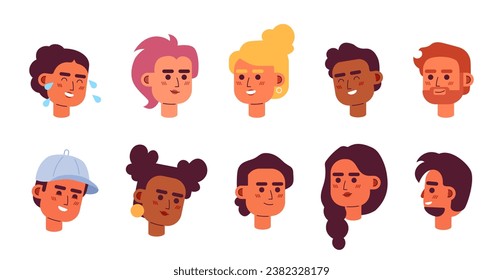 Diverse podcasters bloggers 2D vector avatars illustration set. Millennial host event cartoon characters faces portraits collection. Gen z flat color user profiles images isolated on white background