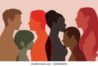 Diverse populations and multiracial societies. A profile of an abstract portrait of a diverse group of people. People of different ethnicities and cultures. 