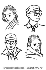 Diverse Portrait Collection: A compilation of four distinct illustrations of diverse individuals with various accessories and expressions.