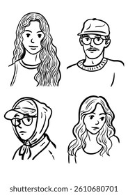 Diverse Portrait Collection: A curated gallery of unique faces, each portrait exuding a distinct personality through minimalist line art, perfect for adding character to your creative projects.