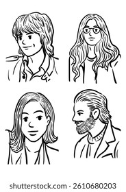 Diverse Portraits in Ink: A collection of stylized black-and-white portrait drawings showcasing a variety of expressions, each capturing a unique persona and personality.