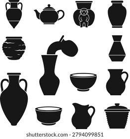 Diverse pottery collection showcasing classic ceramic pitchers bowls antique vases and decorative household clay containers silhouettes.