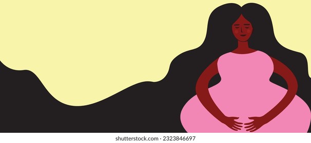Diverse pregnant woman with black skin with long hair, reproduction concept as copy space template for design, flat vector stock illustration
