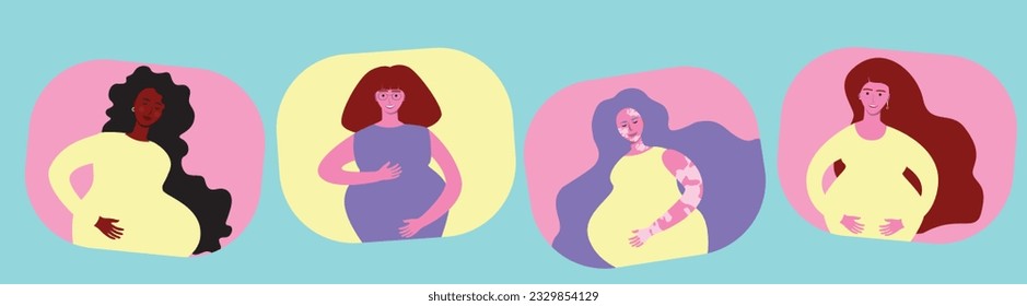 Diverse pregnant women isolated as unity concept for design, set or collection, flat vector stock illustration
