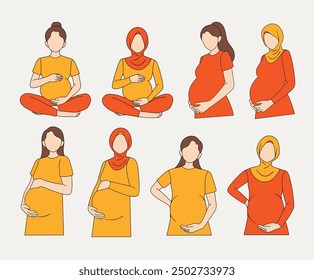 Mujeres embarazadas diversas en la ilustración minimalista. La Imagen presenta a varias mujeres embarazadas, algunas con hiyabs, representadas en un estilo simple, minimalista y plano. Maternidad, diversidad, salud.