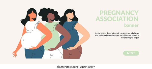 Diverse pregnant women or prenatal mom with big belly for pregnancy concept. Maternity and motherhood banner. Future young mum with tummy flat vector cartoon illustration. Woman's Day landing page