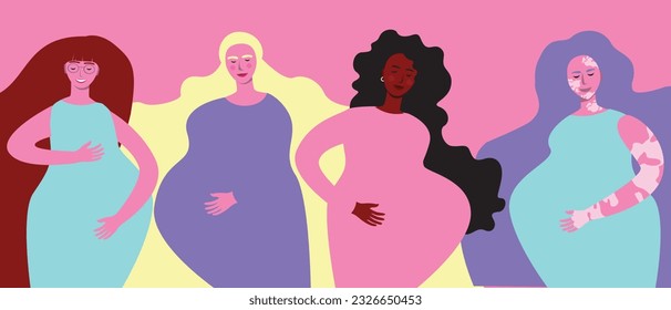 Diverse pregnant women together as concept of female prenatal period, feminism, childbearing, flat vector stock illustration