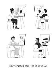 Diverse preteen kids painting canvas with easel black and white 2D line characters set. Schoolkids artists isolated vector outline people. Art studio classes monochrome spot illustrations collection