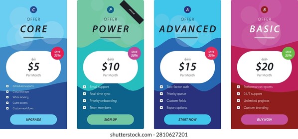 Diverse pricing table options for core power advanced basic plans with monthly costs and key features presented clearly in vibrant vertical layouts for SaaS products and web services.