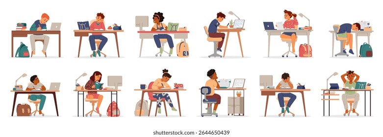 Diverse primary school children studying at home sitting at desk flat vector illustrations set isolated on white.