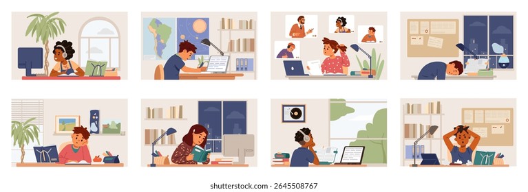 Diverse primary school children studying at home online and offline in their rooms at desk flat vector illustrations set.