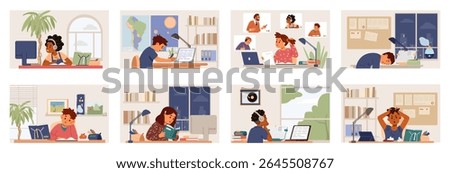Diverse primary school children studying at home online and offline in their rooms at desk flat vector illustrations set.