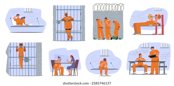 Diverse prisoners cartoon characters wearing orange jumpsuit engaged in various activity. Man woman criminals resting reading in cell, on visit with relatives, at gym, at canteen vector illustration