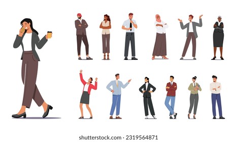 Caracteres Comerciales Diversos Y Profesionales, Representando A Hombres Y Mujeres En Diversas Ocupaciones Y Poses, Para Presentaciones, Infografías Y Materiales De Marketing. Ilustración de vectores de personas de caricatura