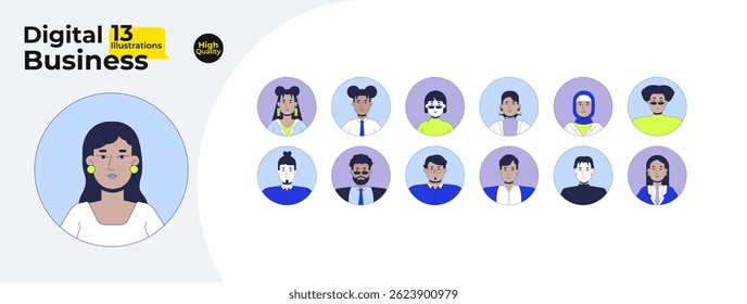 Diversos profissionais avatares desenhos animados plano ilustrações pacote mega. Trabalhadores de escritório. Os caracteres de funcionários multiculturais traçam o perfil de imagens 2D em círculo isoladas em branco. Desenhos vetoriais de coleção coloridos