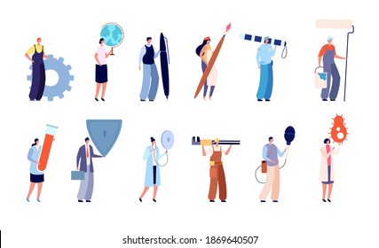 Diverse professionals characters. Business woman, people of art design insurance health. Workers hold shield bacteria globe utter vector set