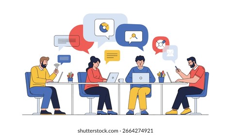 Diversos profissionais colaboram de forma eficaz em um ambiente de escritório moderno, discutindo estratégias de projetos e compartilhando ideias inovadoras