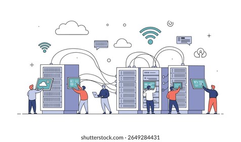 Diverse IT Professionals Collaborating on Server Maintenance and Network Infrastructure Development in a Modern Data Center Environment