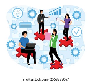 Diverse professionals collaborating, symbolizing teamwork and problem-solving. Representing innovation, organization, and productivity in a vibrant visual design. Flat vector modern illustration 