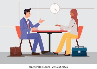 Diverse Professionals Engage in Dialogue, Reflecting Harmony in the Workplace Over a Shared Coffee Moment. Business, diversity, teamwork concept illustration 
