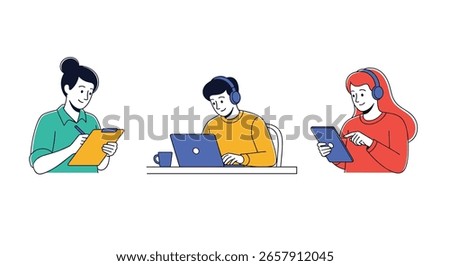 Diverse professionals engaged in digital learning and online collaboration through various devices