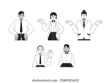 Diverse professionals office workers black and white 2D line characters set. Suits businesspeople. Business casual adults isolated vector outline people. Monochrome spot illustrations collection