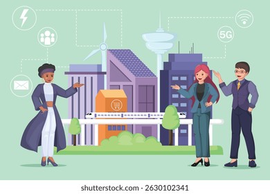 Diverse professionals showcasing innovative concepts for a smart city, sustainable future city.