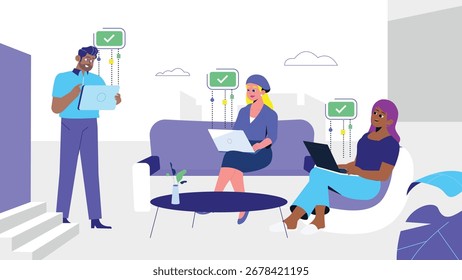 
Diverse professionals working remotely with laptops and 
success indicators in a modern workspace.