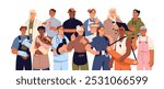 Diverse professions group portrait. People with different professional occupation stand together. Workers of various job: doctor, police, firefighter, miner. Flat isolated vector illustration on white