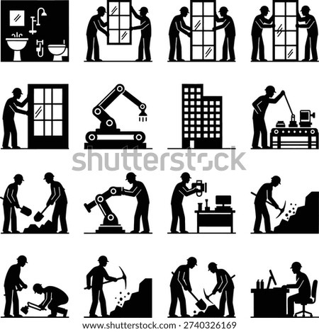 Diverse professions and tradespeople in their typical work environments illustrated.