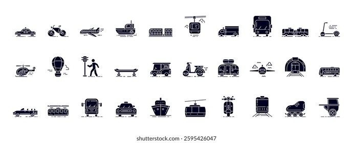 Diverse Public Transportation Icons Representing Various Modes of Urban Mobility and Commuting Options in a Modern Cityscape
